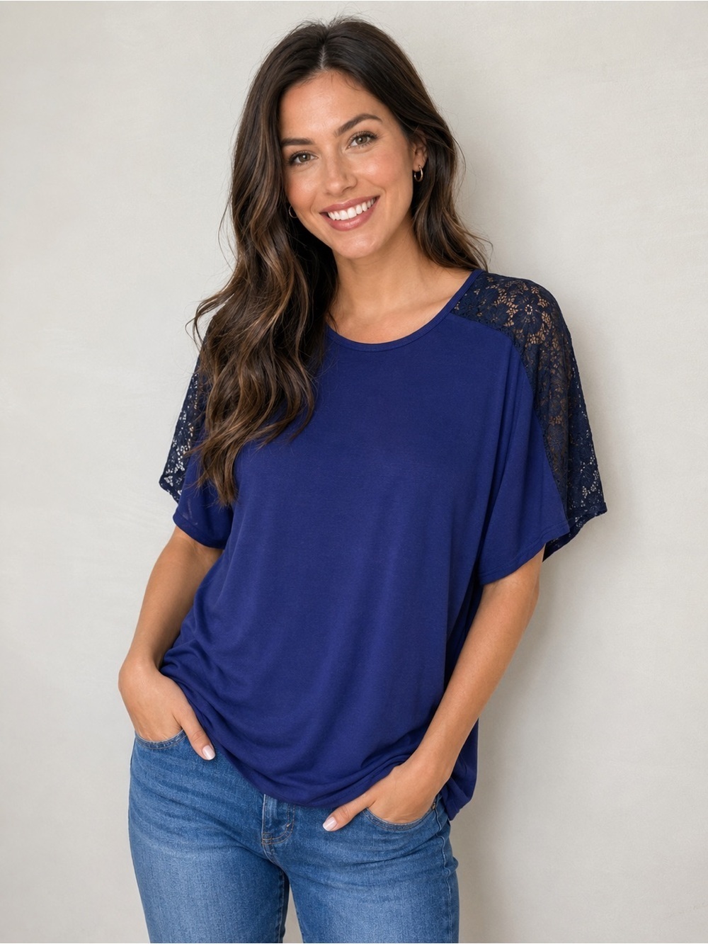 August Silk Lace Sleeve Top – Women’s Large Navy Blue Stretch Knit Blouse